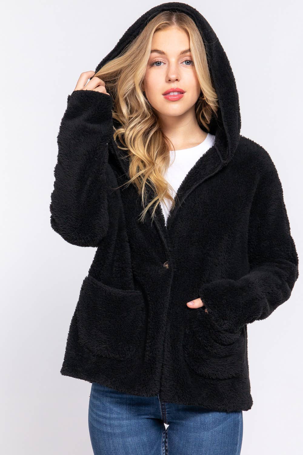 Black Dolman Sleeve Hoodie Sherpa Jacket