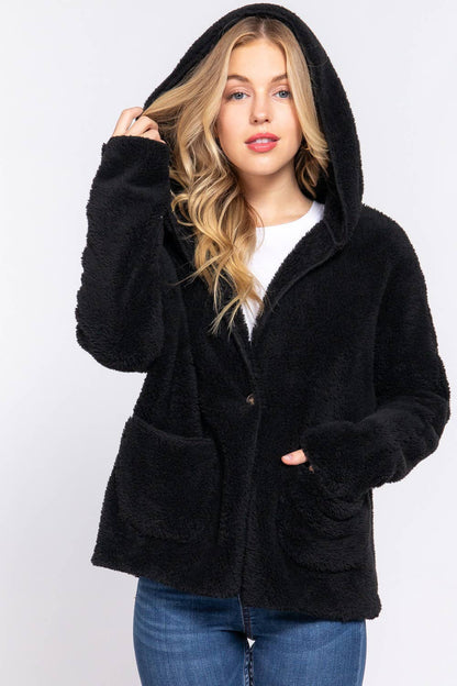 Black Dolman Sleeve Hoodie Sherpa Jacket
