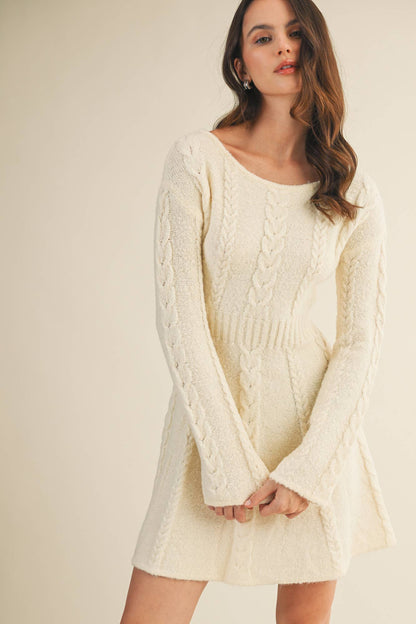 Cable Knit Ivory Flared Sweater Dress
