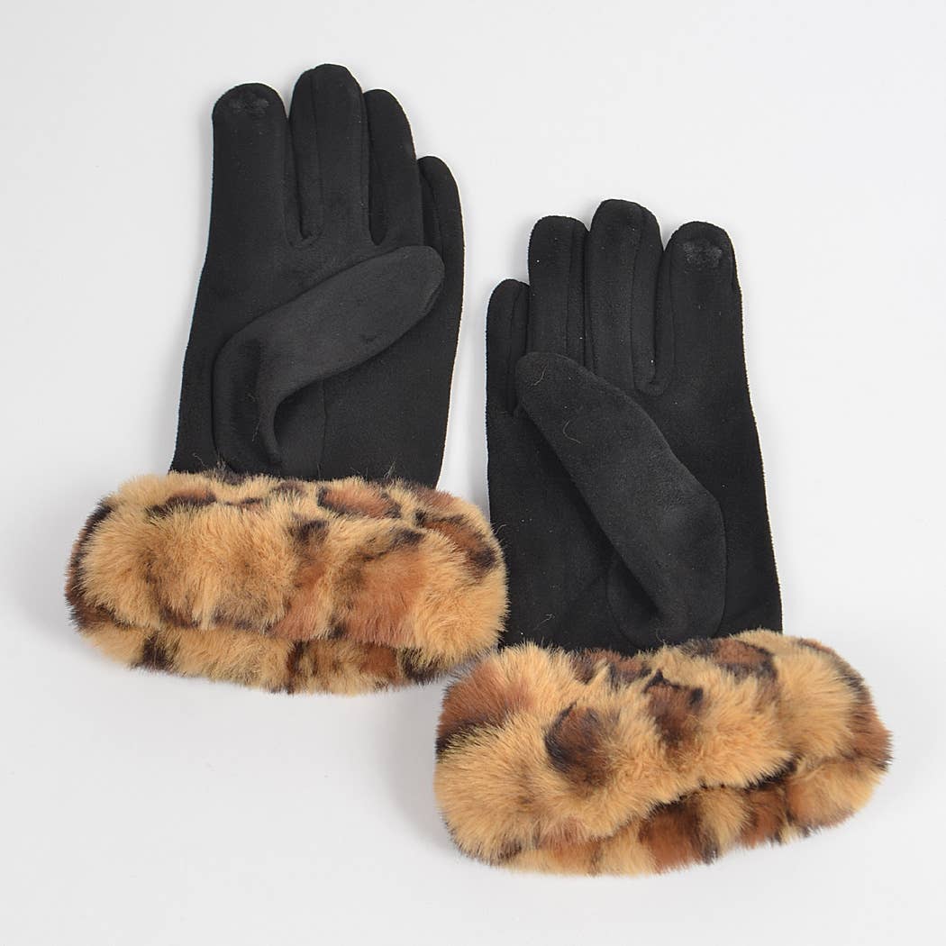 Faux Fur Brown Black Gloves