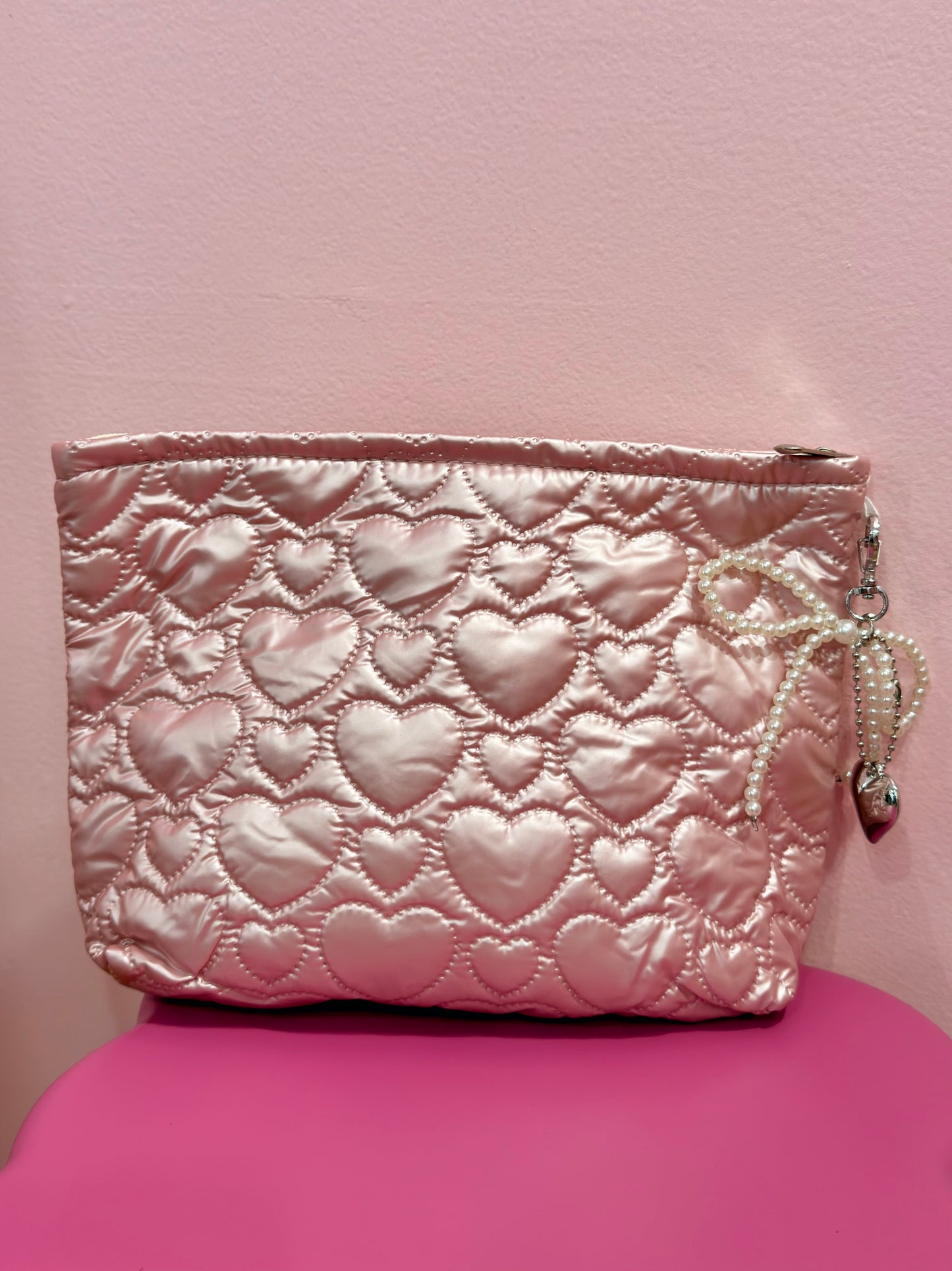 Heart Quilted Pink Makeup Pouch With Keychain