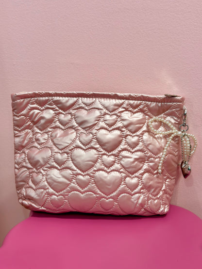 Heart Quilted Pink Makeup Pouch With Keychain