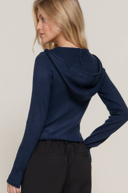 Navy Long Sleeve Two-Way Zip Closure Sweater Hoodie