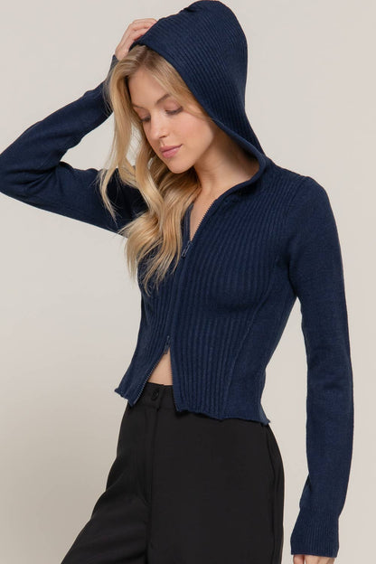 Navy Long Sleeve Two-Way Zip Closure Sweater Hoodie