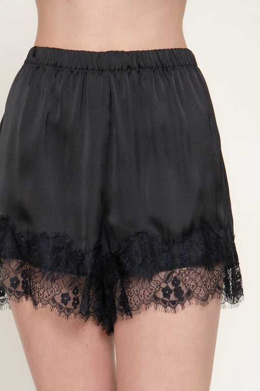 Black Lace Trim Hem Satin Shorts