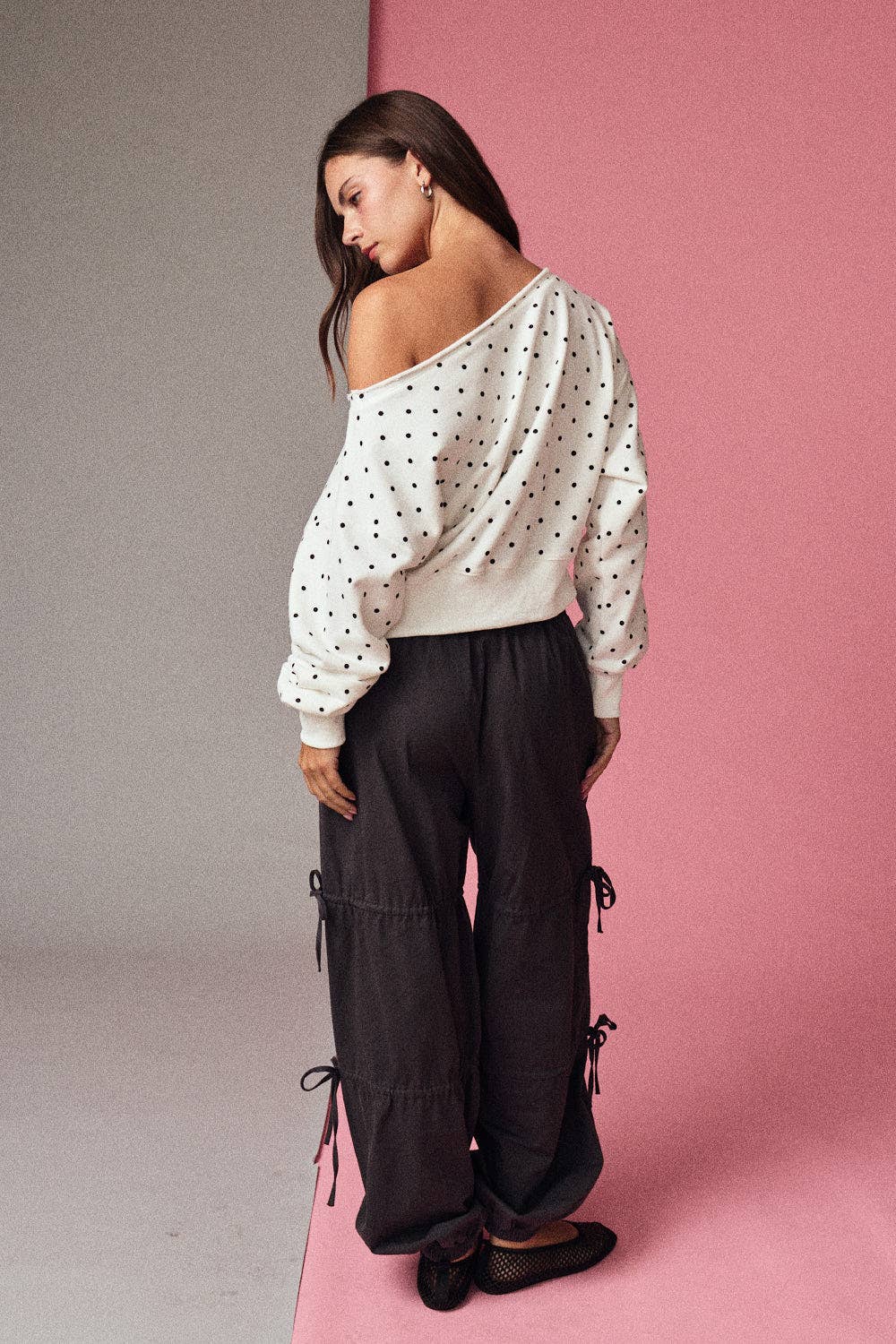 White/Black Polka Dot Off Shoulder Sweatshirt