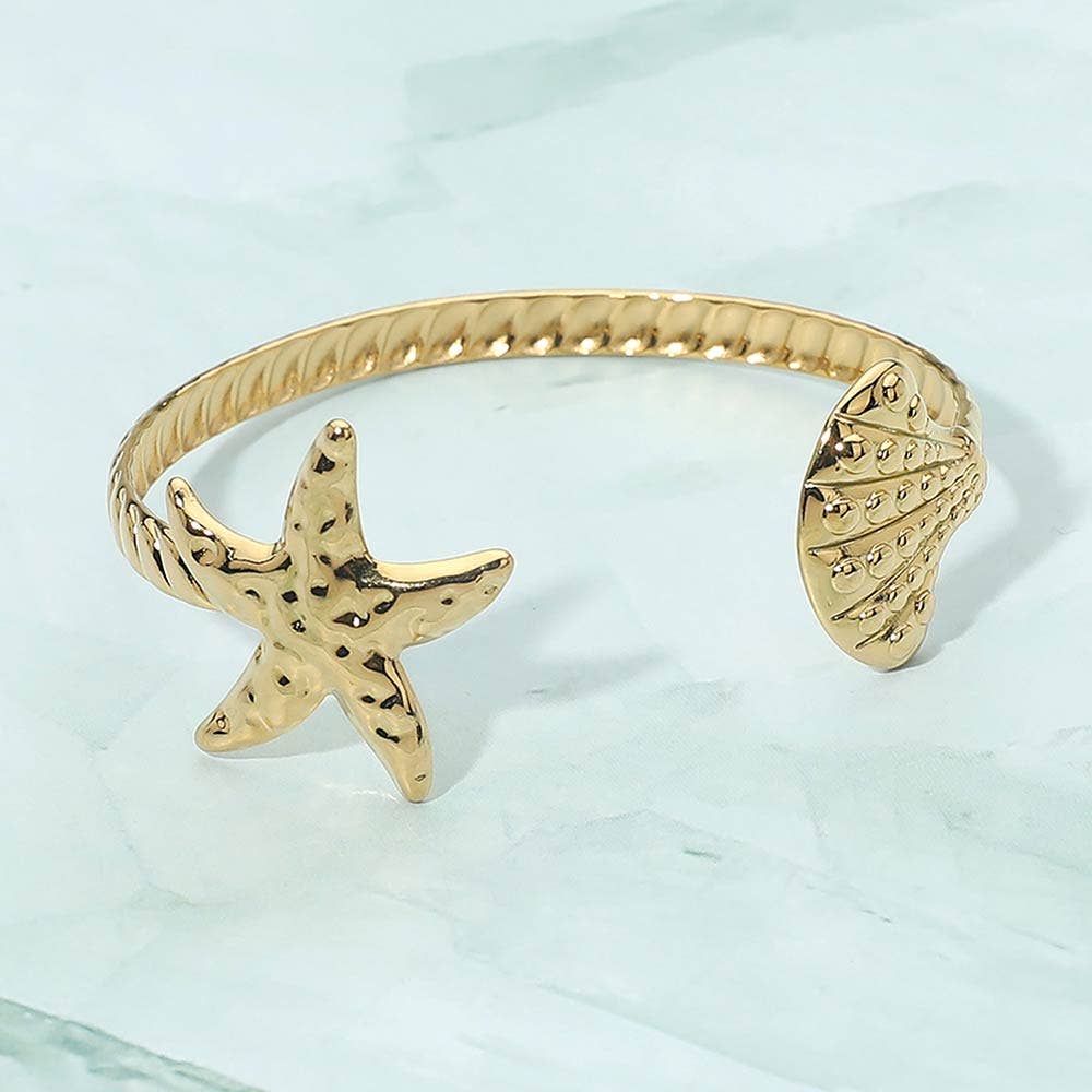 Stainless Steel Textured Starfish Seashell Tip Open Cuff Bracelet