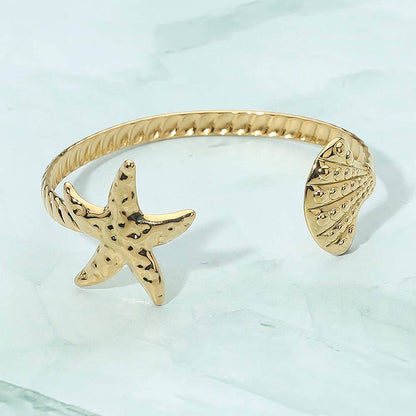 Stainless Steel Textured Starfish Seashell Tip Open Cuff Bracelet