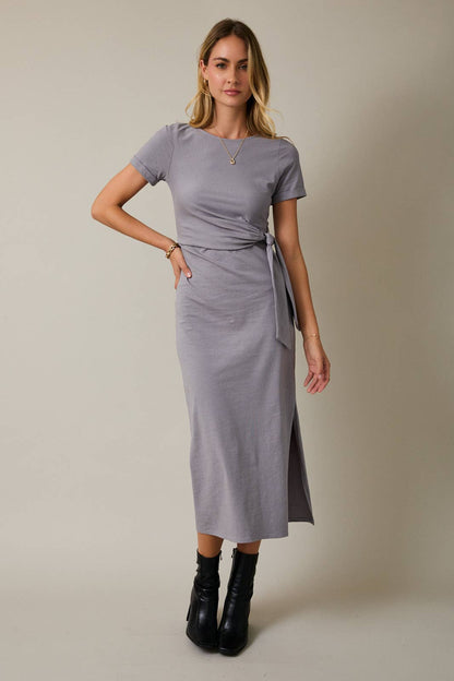 Slate Short Sleeve Waist Tie Maxi Dress