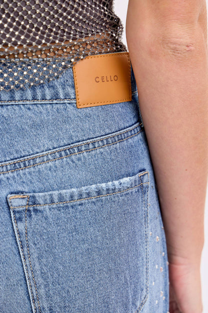 High Rise Wide Leg Rhinestone Jeans