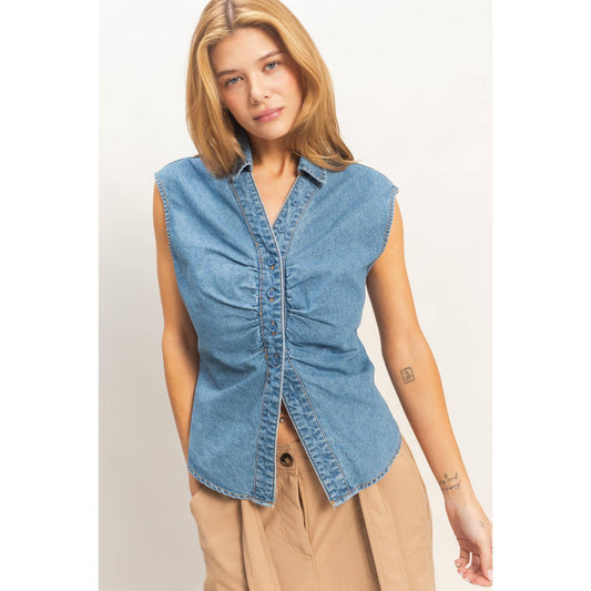 Sleeveless Blue Denim Button-Up Top