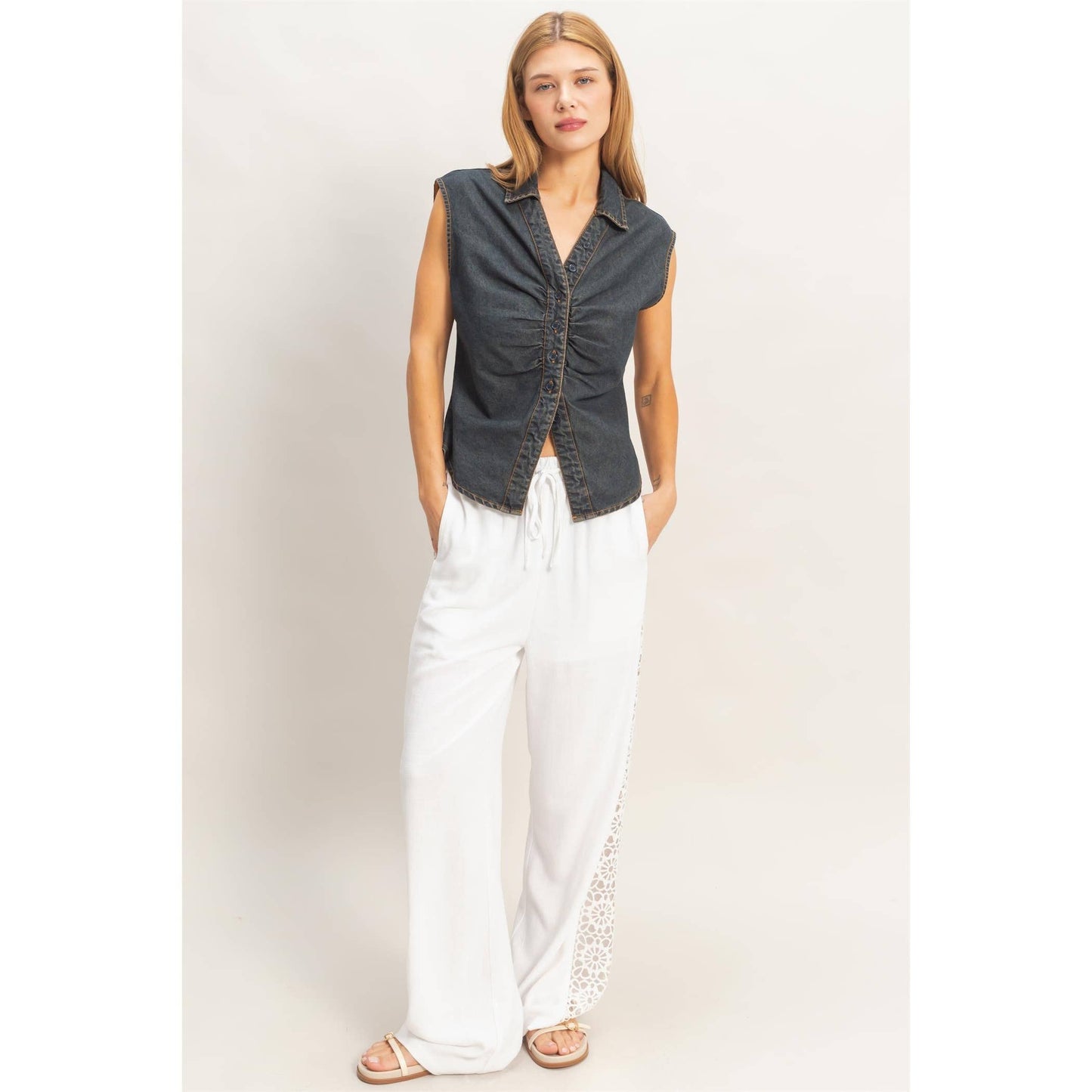 Black Sleeveless Denim Button-Up Top