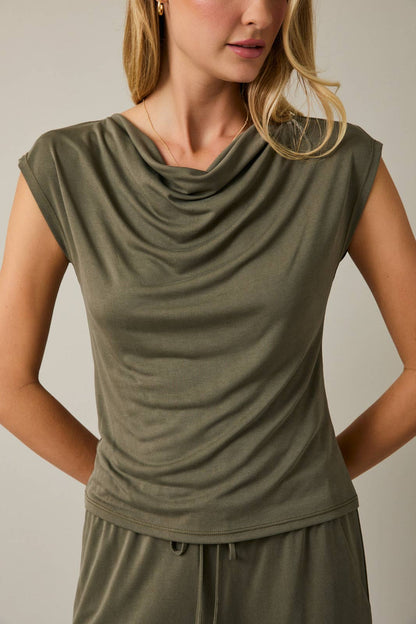 Olive Cowl Neck Cap Sleeve Top