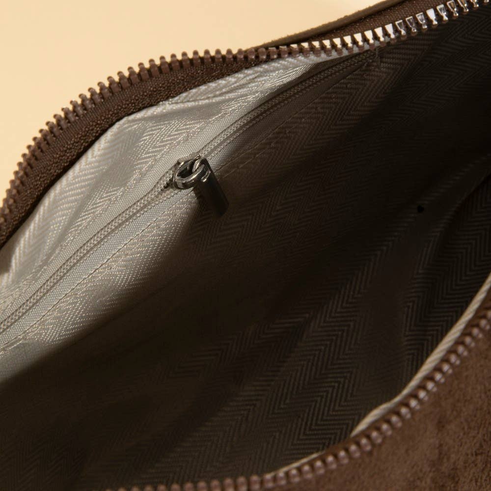 Brown Dome Studded Suede Shoulder Bag