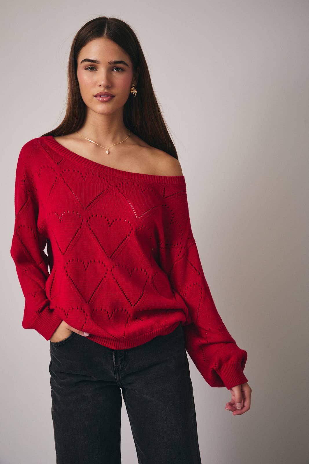 Boat Neck Long Sleeve Red Sweater