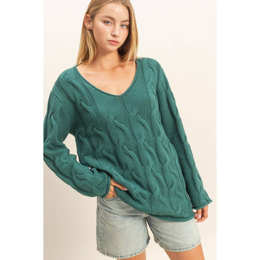 V Neck Cable Pullover Sweater