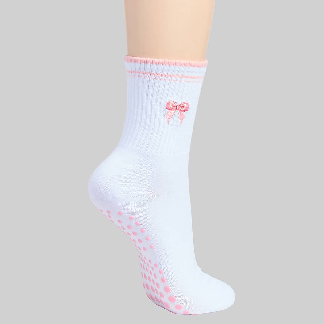 Pink Bow Embroidered Yoga Pilates Grip Socks