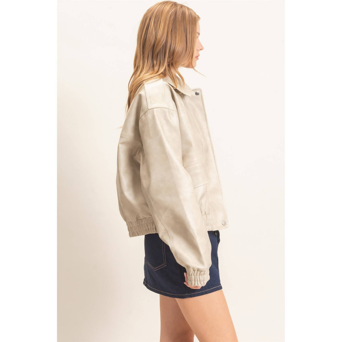 Faux Leather Collared Bomber Jacket