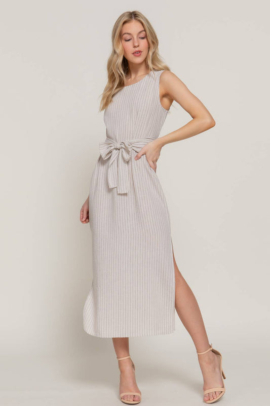 Beige Round Neck Waist Tie Stripe Linen Midi Dress