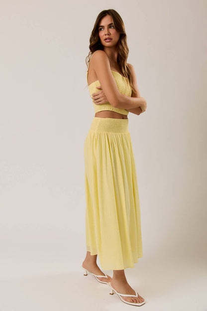 Butter Yellow High Waisted Smocked Midi Skirt