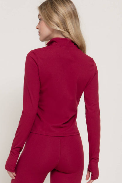 Longsleeve Thumbhole Zippered Mock Neck Top - Dark Cherry