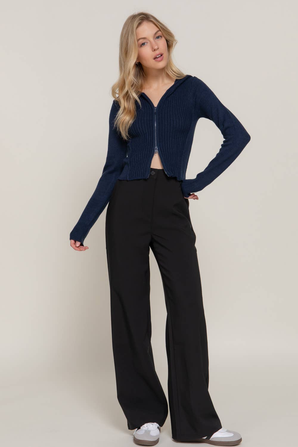 Navy Long Sleeve Two-Way Zip Closure Sweater Hoodie
