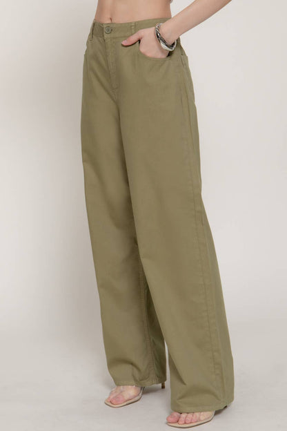 Straight Cotton Twill Long Pants in light olive