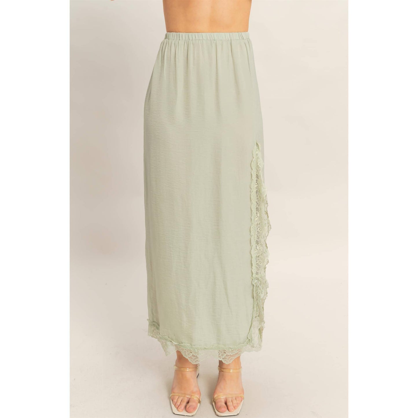 Sage Skirt With Front Slit And Lace Hem