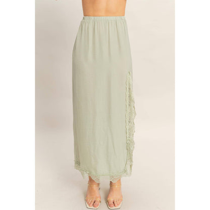 Sage Skirt With Front Slit And Lace Hem