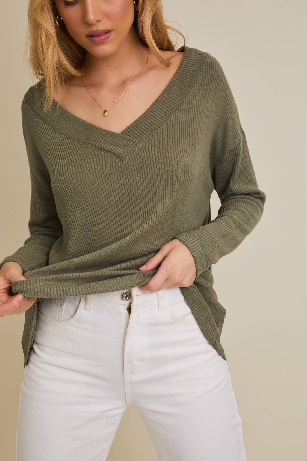 Olive V-Neck Sweater Top