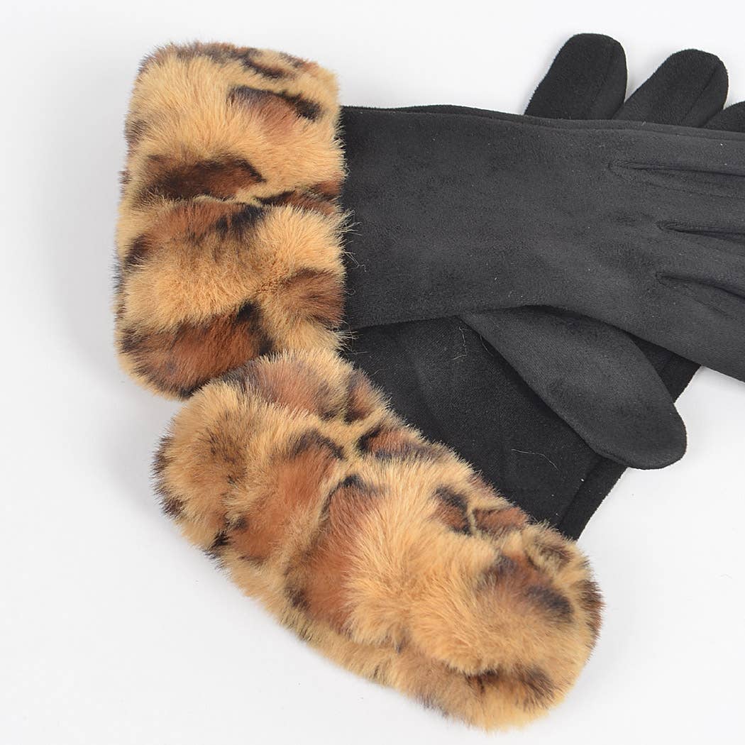 Faux Fur Brown Black Gloves