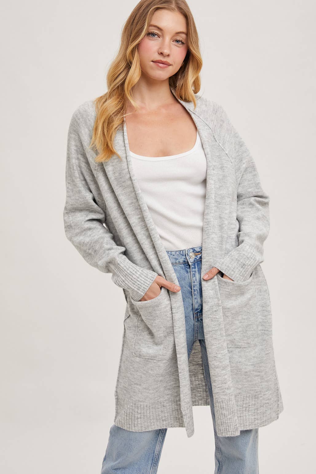 Grey Marble Open Front Long Line Cardigan