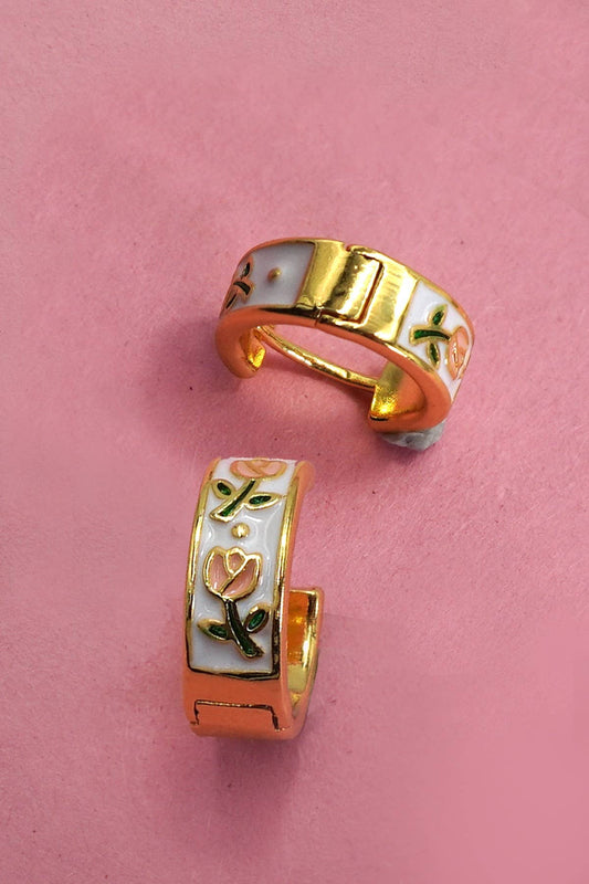 Vintage Floral Huggie Hoop Earrings Gold