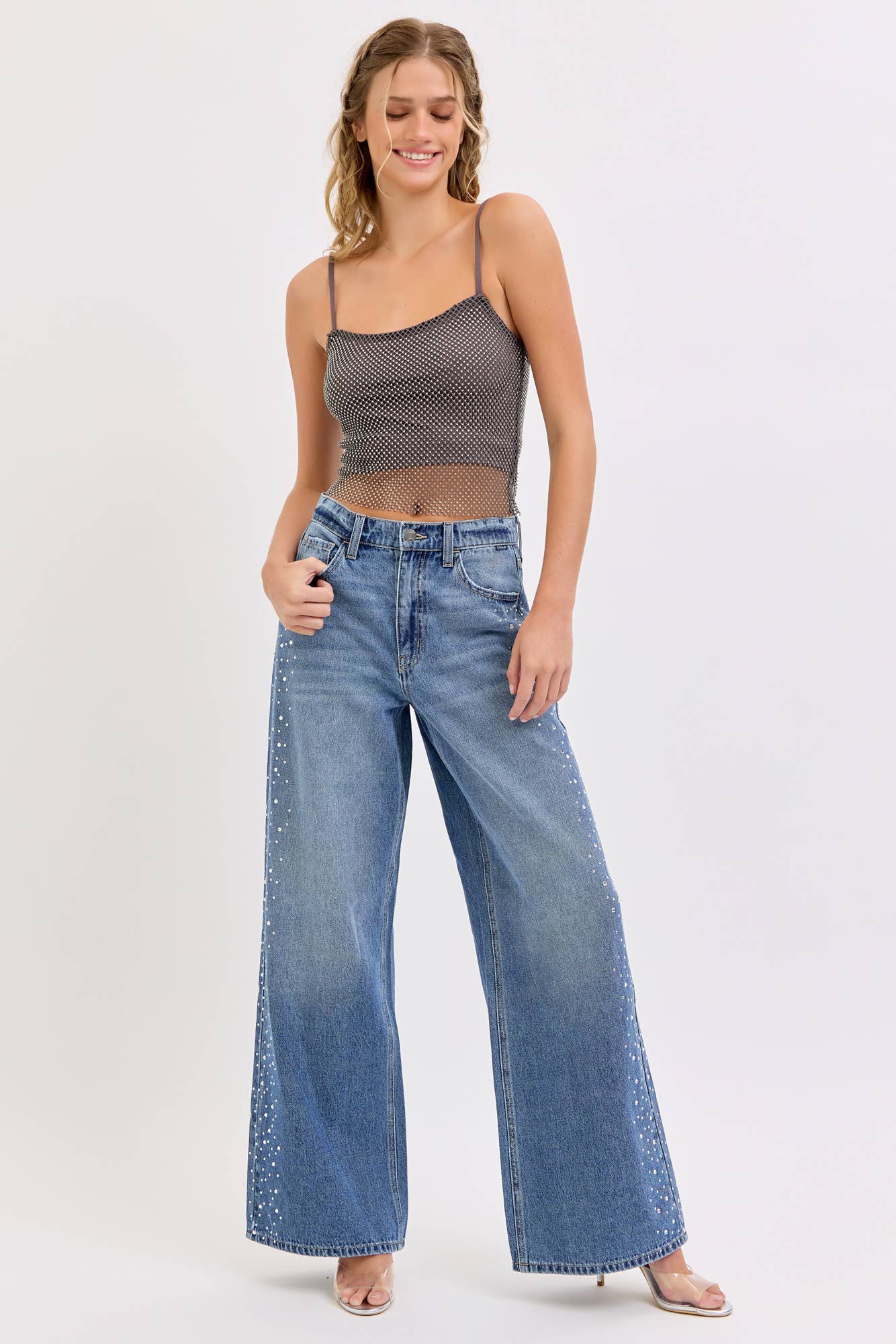 High Rise Wide Leg Rhinestone Jeans