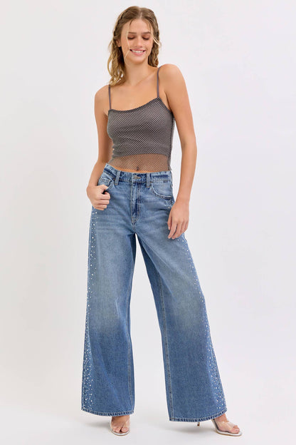 High Rise Wide Leg Rhinestone Jeans