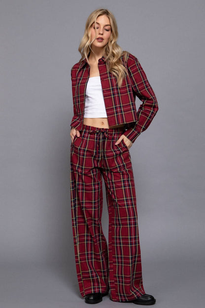 Wine Red/Navy Wide Leg Plaid PJ Pants