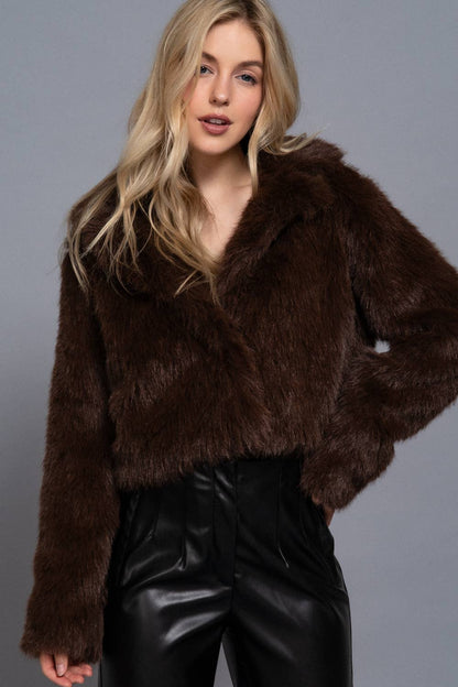 Long Sleeve Collar Faux Fur Cropped Jacket - (Brown, Charcoal, Beige)