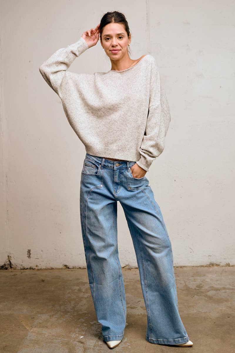 Heather Grey Off-Shoulder Lightweight Knit Sweater