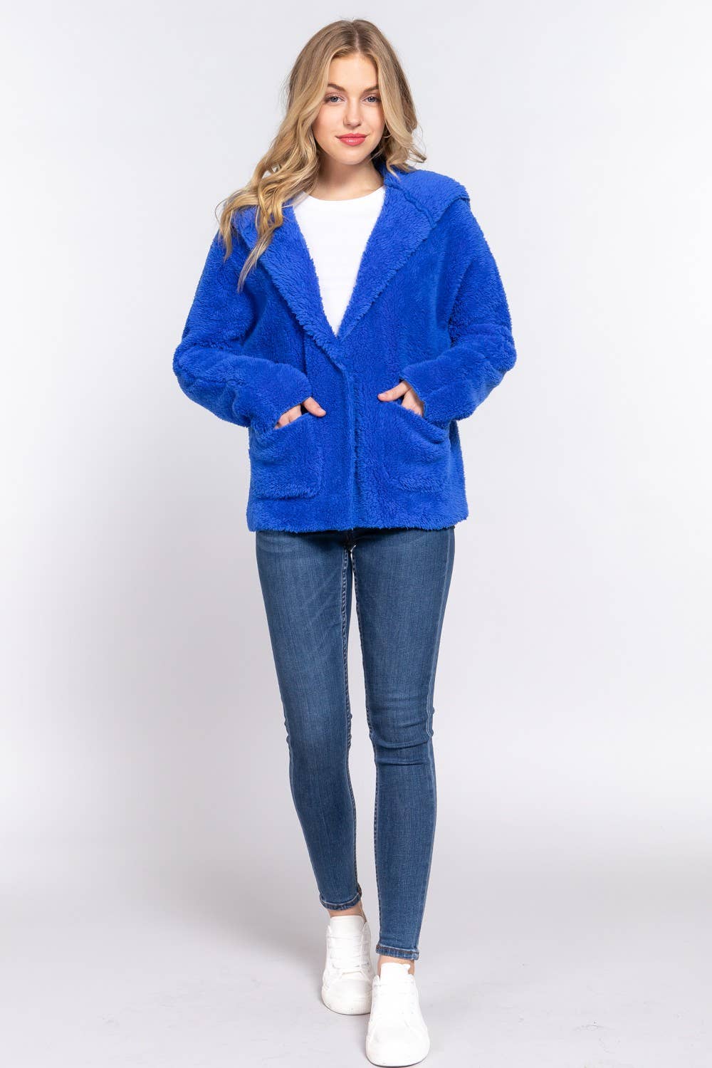 Blue Dolman Sleeve Hoodie Sherpa Jacket