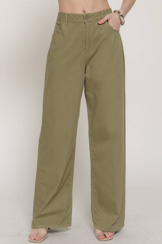 Straight Cotton Twill Long Pants in light olive