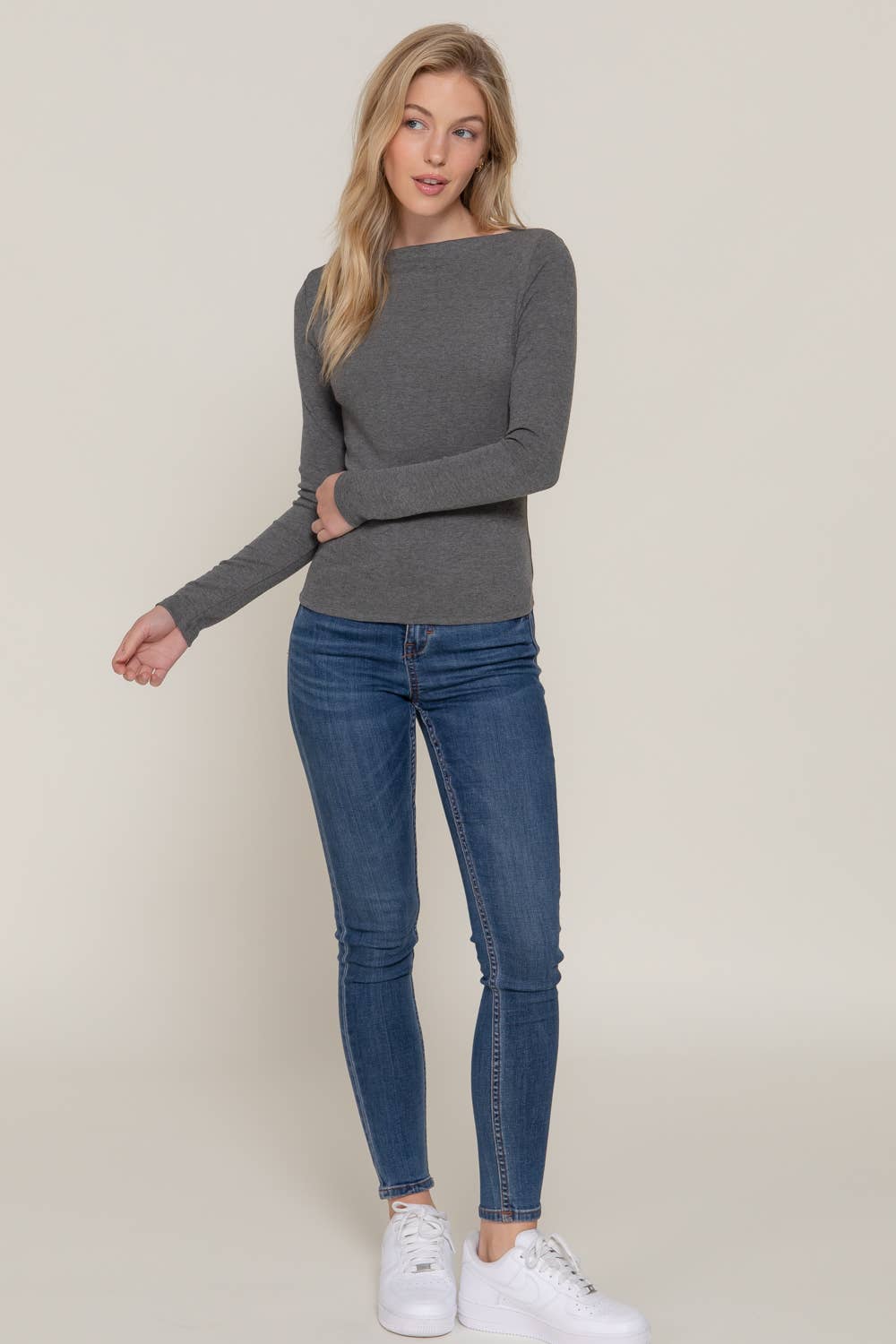 Long Sleeve Wide Boat Neck Charcoal Knit Top