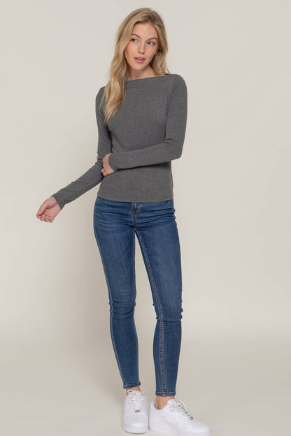 Long Sleeve Wide Boat Neck Charcoal Knit Top