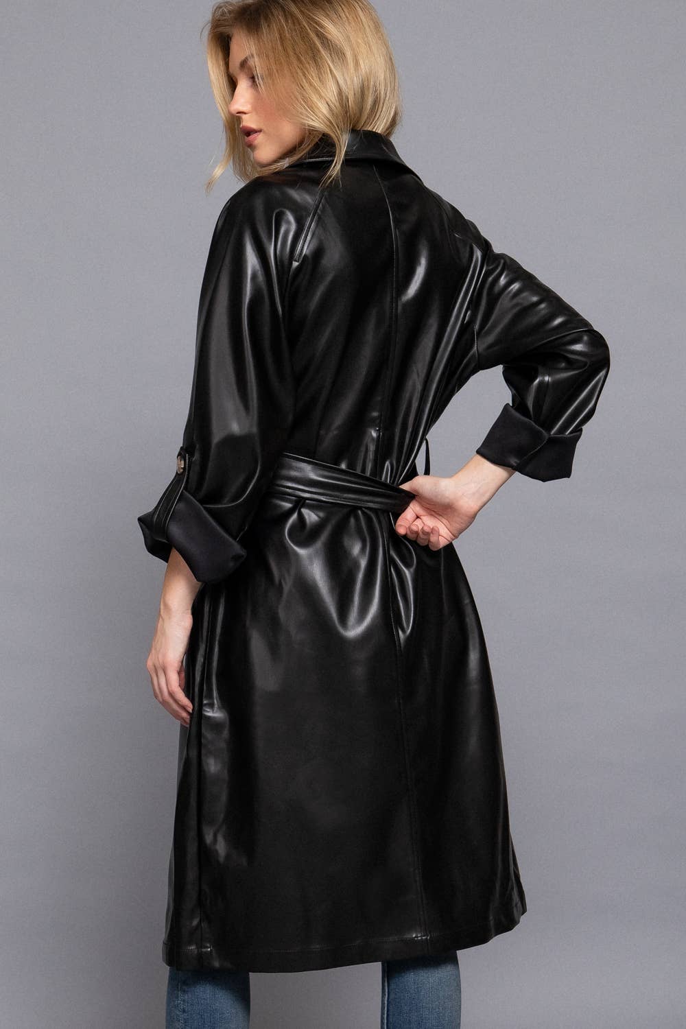 Double Breasted Black Faux Leather Trench Coat