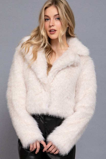 Long Sleeve Collar Faux Fur Cropped Jacket - (Brown, Charcoal, Beige)