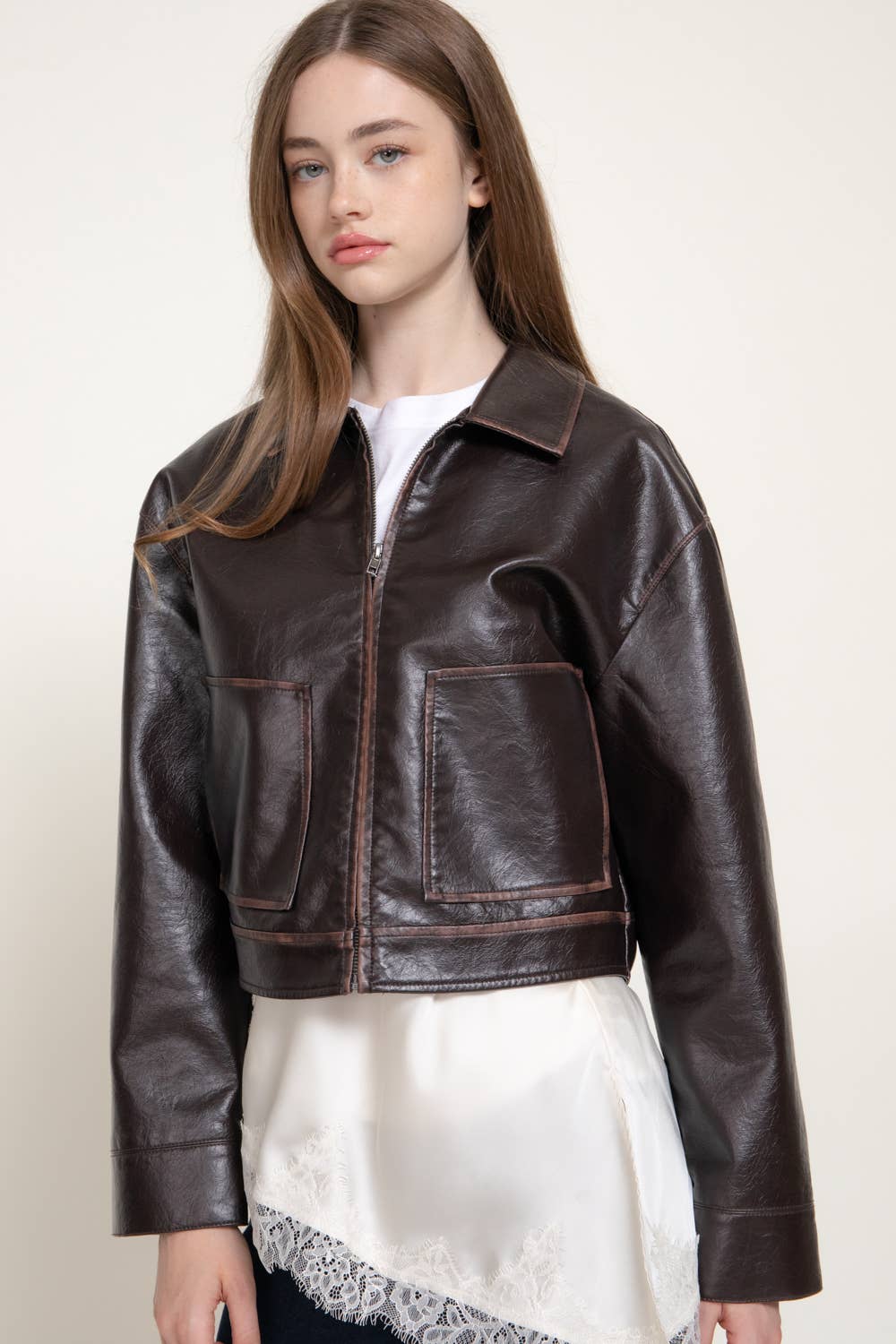 Lapel Collar Washed Effect Faux Leather Jacket