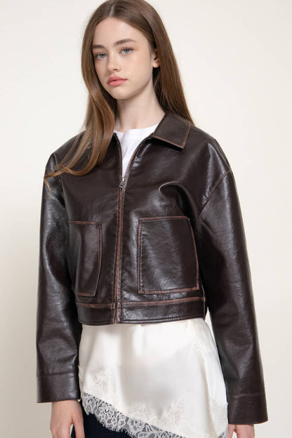 Lapel Collar Washed Effect Faux Leather Jacket