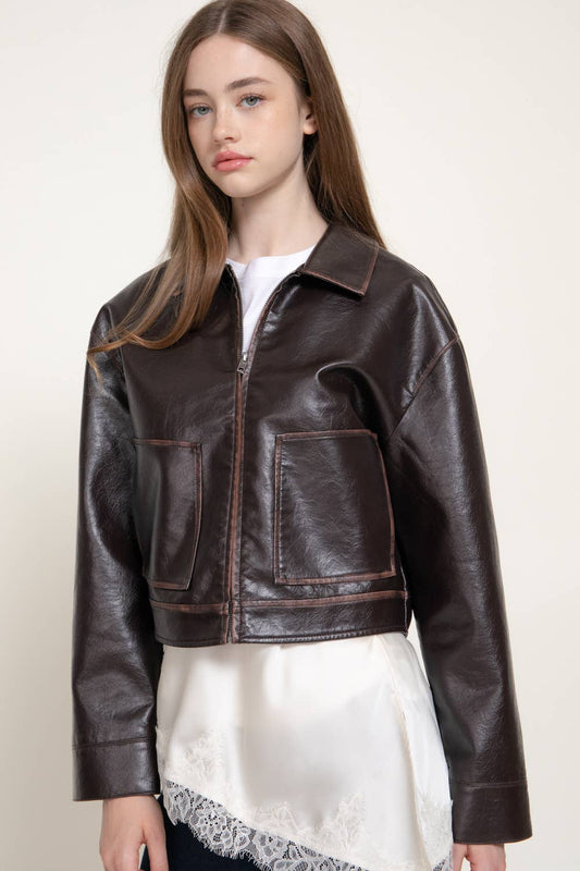 Lapel Collar Washed Effect Faux Leather Jacket