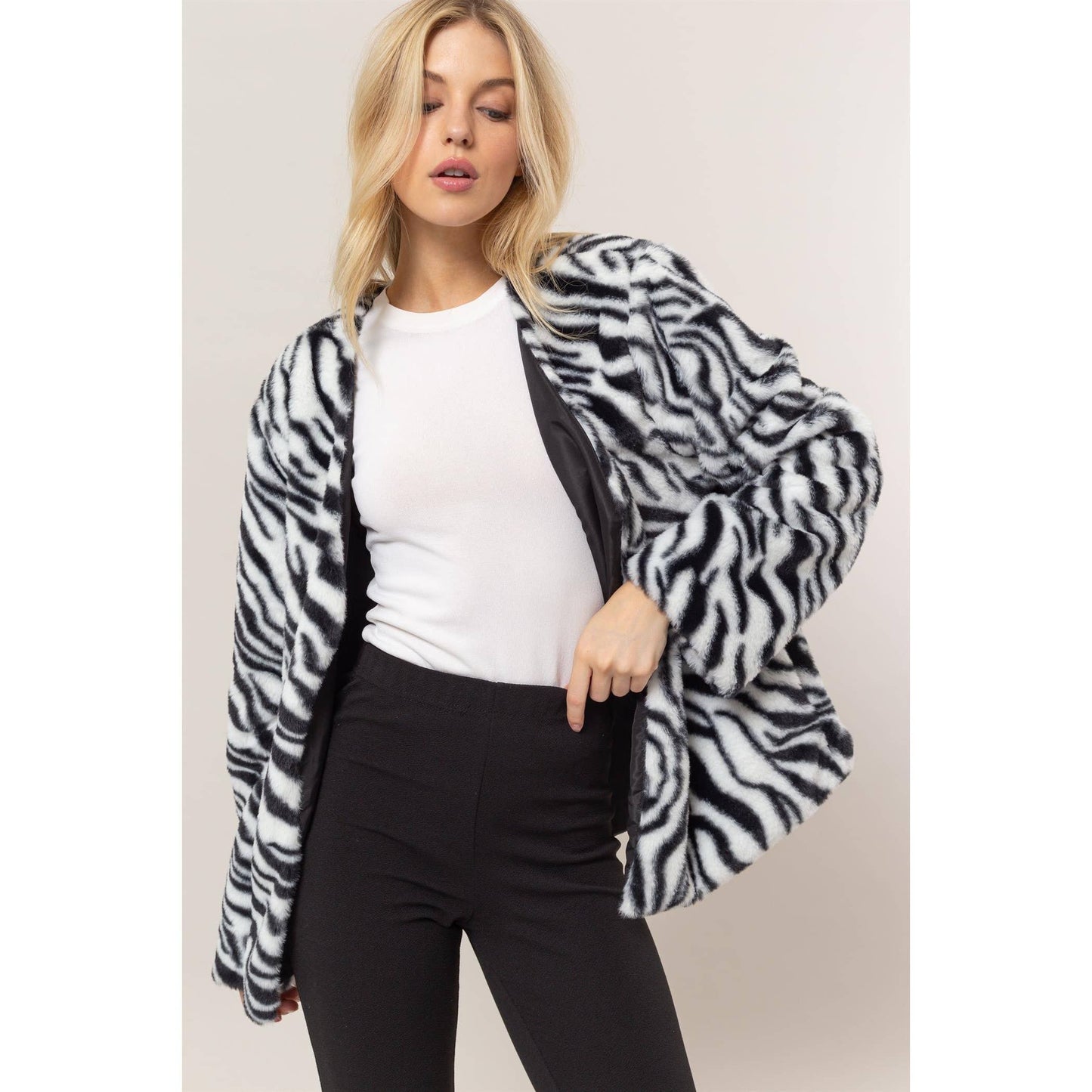 Zebra Print Faux Fur Jacket
