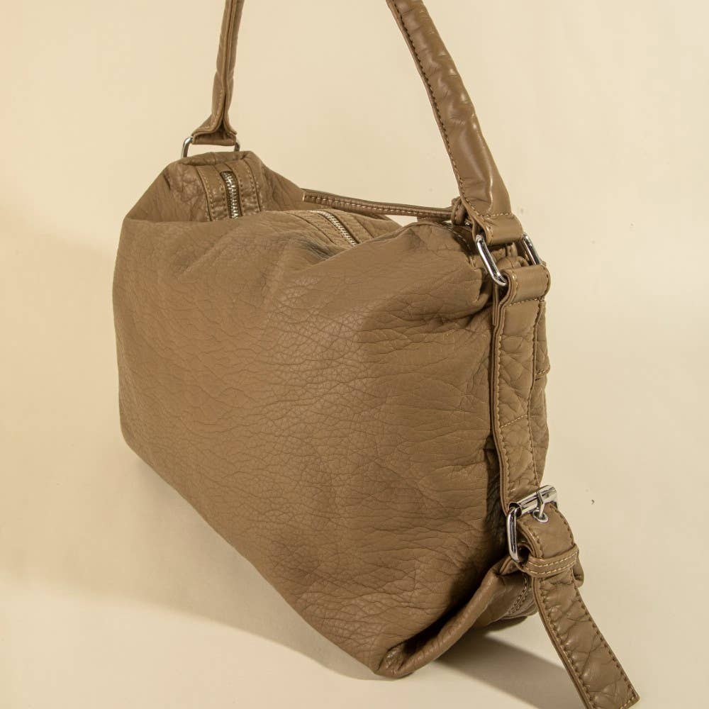 Buckle Strap Detail Beige Leather Handbag