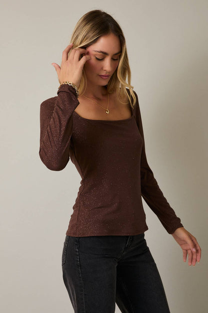 Brown Shimmer Square Neck Top